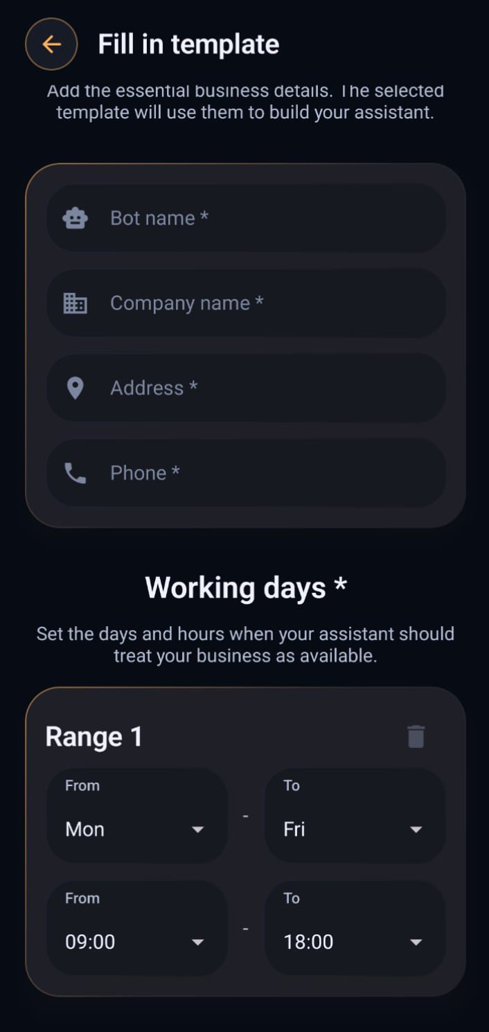 NexaFlow AI assistant business configuration screen